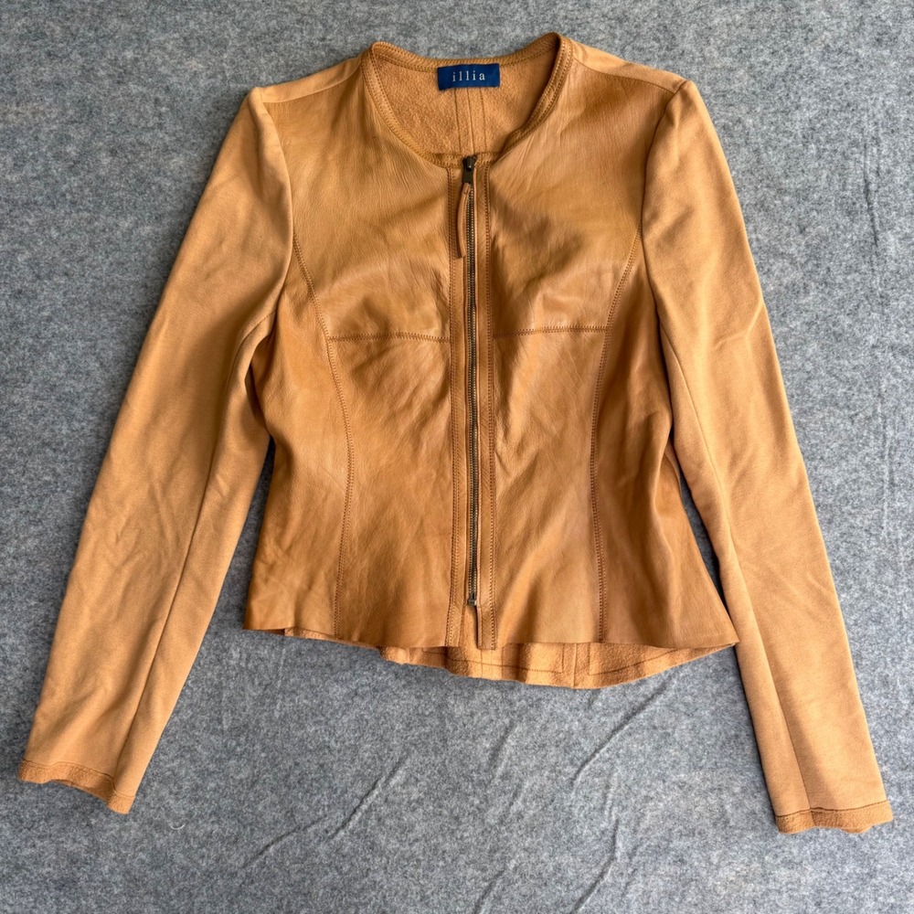 Illia Tan Genuine Leather Mixed Media Zip Front Jacket Made in USA Womens 8
